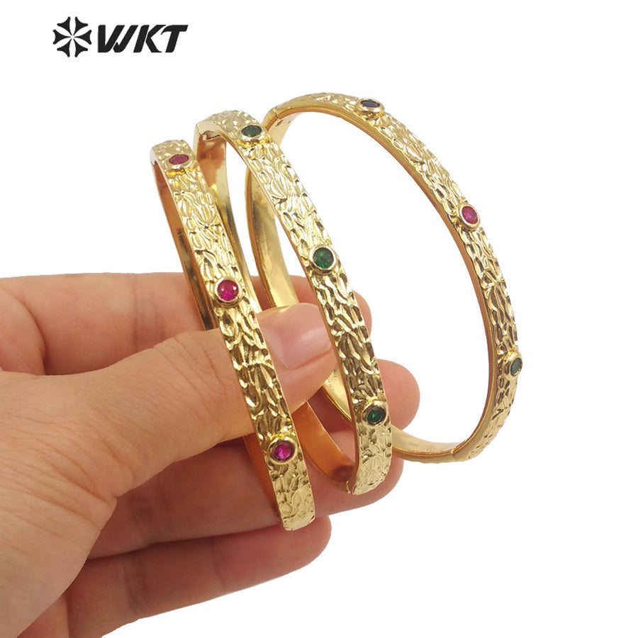 WT-B619 New 18K Real Gold Plated Resist Tarnishable Cubic Zircon Round Cuff Bangle for Women Dubai Hot Metal Bangle