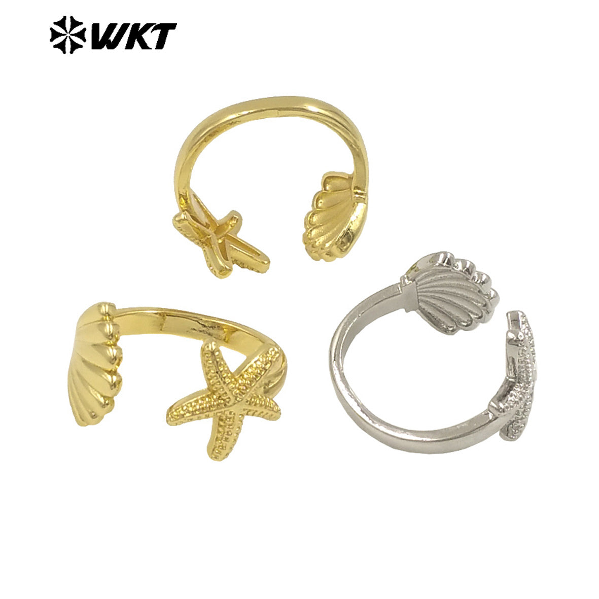 WT-R554 Sea Creative Personality 18K Gold Plated Adjustable Starfish Shell Shape Summer Ring for Hot Girls As Daily Decoration
