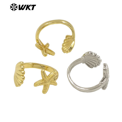 WT-R554 Sea Creative Personality 18K Gold Plated Adjustable Starfish Shell Shape Summer Ring for Hot Girls As Daily Decoration