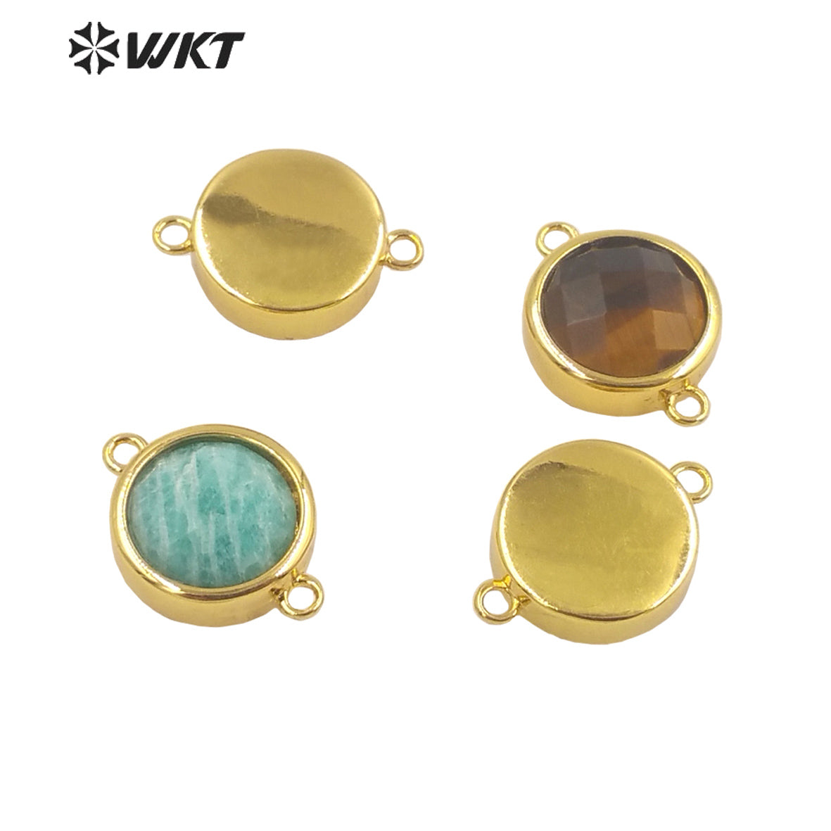 WT-C307 Wholesale Fashion Small Round Gold Bezel Jewelry Connectors Delicate Double Loops Natural Gemstone Charms in 12mm