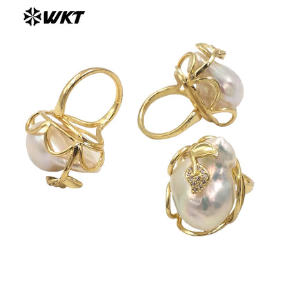 WT-MPR087 Gorgeous High Bright Natural Freshwater Baroque Pearl Ring Women Gold Claw Setting Precious Gift for Birthday
