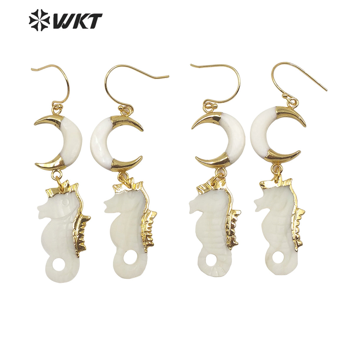 WT-E597 Newest Gold Electroplated Hippocampus Shell Earring Boho Vintage Lady Crescent Horn Shell Long Earrings
