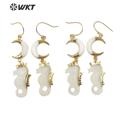 WT-E597 Newest Gold Electroplated Hippocampus Shell Earring Boho Vintage Lady Crescent Horn Shell Long Earrings
