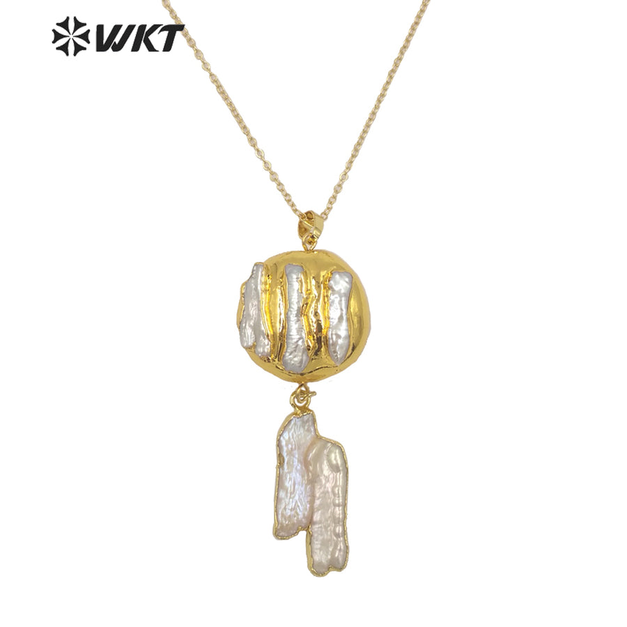 WT-JN149 Wholesale Fashion 18k Real Gold Plated Natural Freshwater Pearl Charm Necklace with Link Chain Lady Wedding Necklace