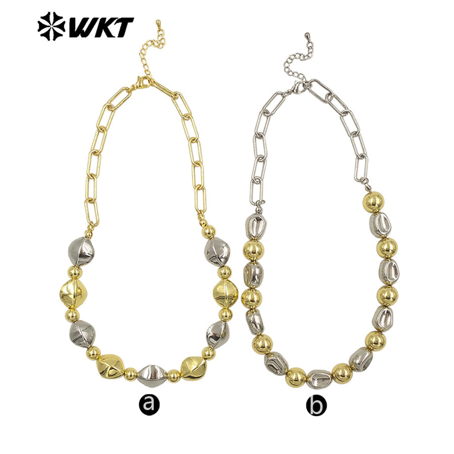 WT-JFN28 New Natural Brass 18K Gold Plated and Silver Irregular Diamond Shaped Flat Bead Necklace for Women As Daily Decoration