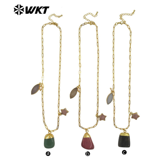 WT-N1489 Unique Design Natural Gemstones Necklace Gold Plated Chain With Three Stone Charms for Ladies Fashion Jewelry Gift