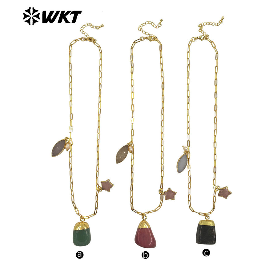 WT-N1489 Unique Design Natural Gemstones Necklace Gold Plated Chain With Three Stone Charms for Ladies Fashion Jewelry Gift