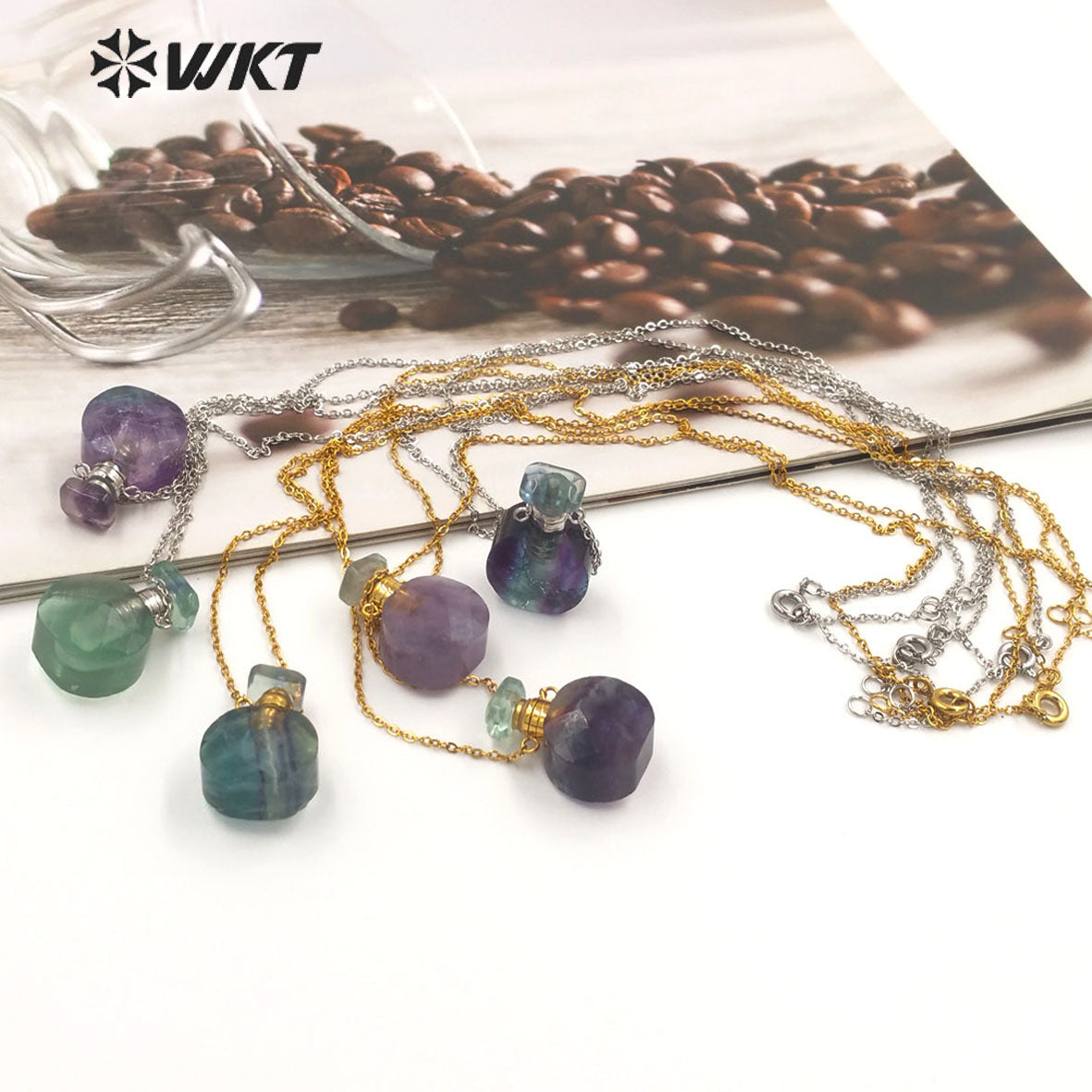 WT-N1457 New Design Natural Rainbow Fluorite Faceted Gold Plated and Stainless Steel Essencial Oil Bottle Necklace Jewelry