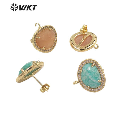 JFE80 Wholesale Fashion Gold Bezel 18k Electroplated Natural Stone Earring Studs Women Beautiful Precious Stone Earring Findings