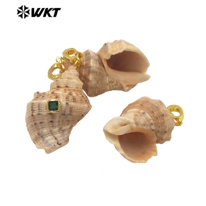 WT-JP482 Good Quality Bohomia Style Square Shape Zircon And Natural Trumpet Shell Gold Pendant For Fashion Necklace DIY Design