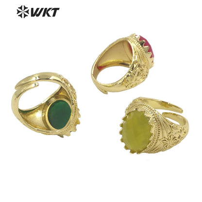 WT-R456 Wholesale Newest Spring Design 18k Gold Plated Oval Natural Stone Ring Gold Bezel Setting Europe Popular Jewelry Ring