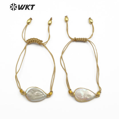 WT-B447 Handmade Pearl Bracelet Teardrop Shape Pendant With Gold Trim Rope Adjustable Jewelry Natural Freshwater Pearl Bracelet