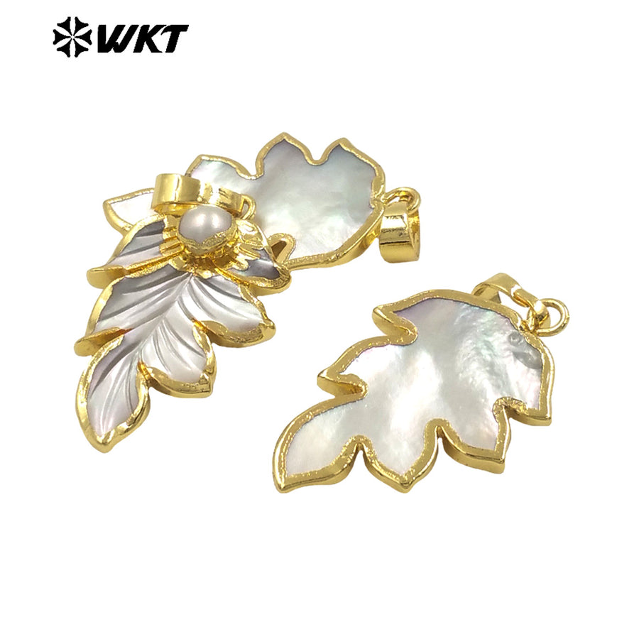 WT-JP385 Wholesale New Innovations Unisex 18K Gold Plated Mother of Pearl Leaf Pendant for Necklace Jewelry Accessory