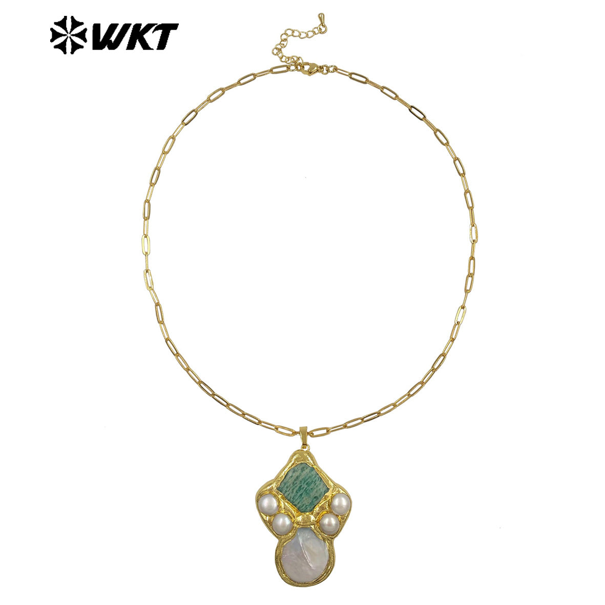 WT-JN345 Delicate Rectangle Chain With Gold Plated Natural Gemstones And Pearl Pendant Necklace For Unique Fashion Birthday Gift