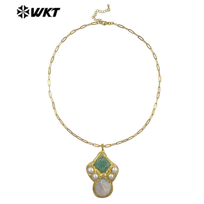 WT-JN345 Delicate Rectangle Chain With Gold Plated Natural Gemstones And Pearl Pendant Necklace For Unique Fashion Birthday Gift