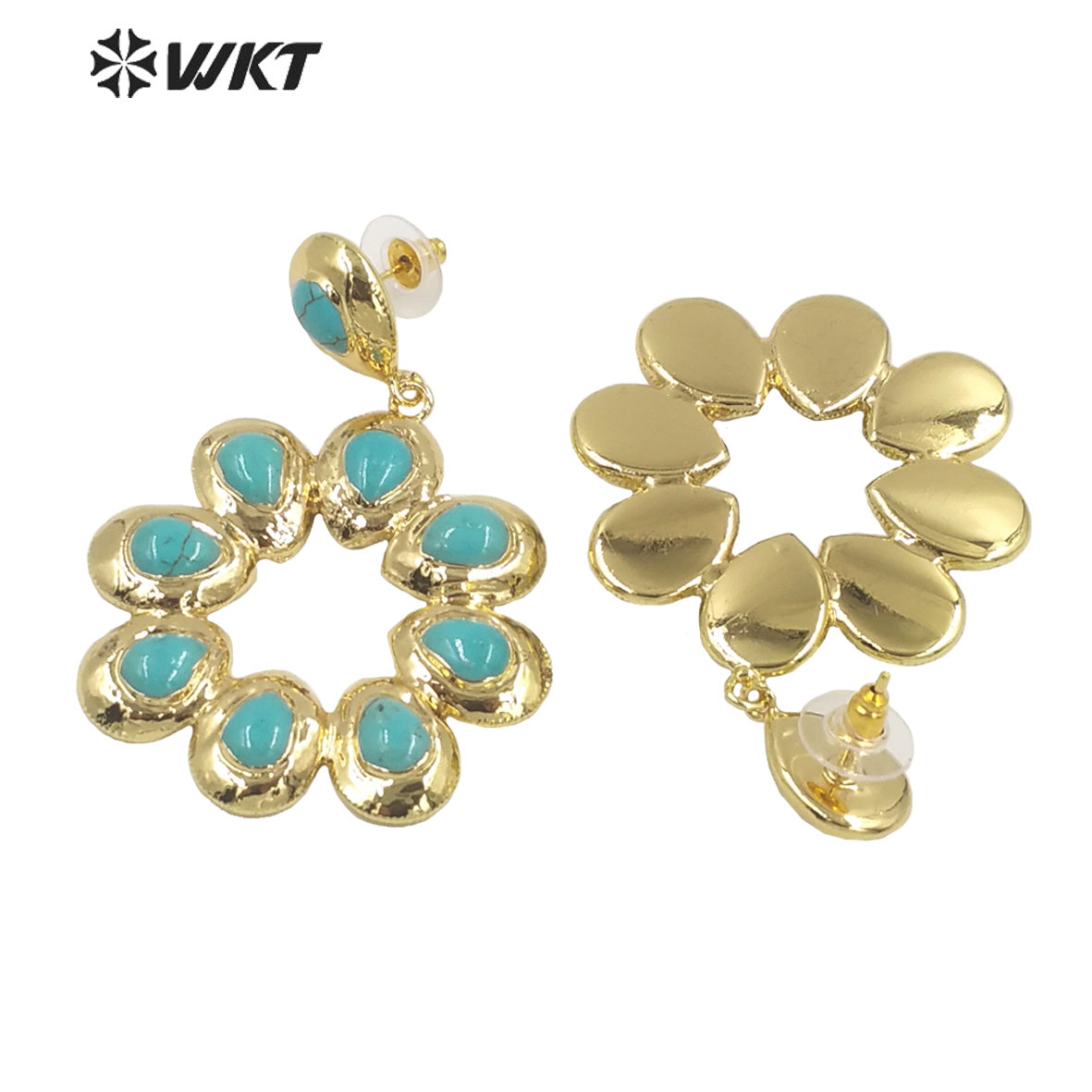 WT-E468 Wholesale Romantic Natural Stone Top Fashion Lady Elegant Jewelry Flower Shape Agate and Turquoise Drop Earrings