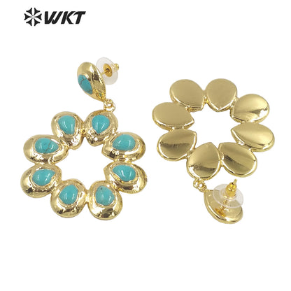 WT-E468 Wholesale Romantic Natural Stone Top Fashion Lady Elegant Jewelry Flower Shape Agate and Turquoise Drop Earrings