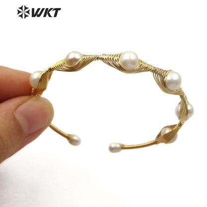 WT-B502 New Hot Sales Copper Wire Wrap Around Pearl Bangle Natural Pearl Bangle Women Fashion Charm Bracelet Bangle