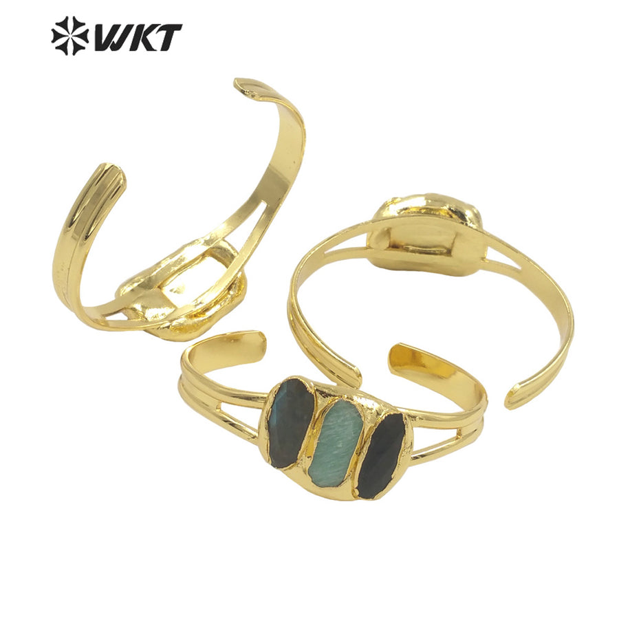 WT-B609 2022 Pastoral Three-color Gemstone Bangles C-shaped Opening Bangles Temperament 18k Gold-plated Natural Stone Bangles