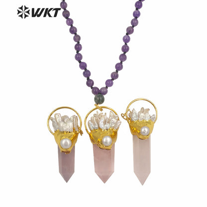 WT-N1243 Exclusive Design 8mm Round Amethyst Stone Necklace Women Winter Hot Pink Quartz Stone Big Chunky Pendant Necklace