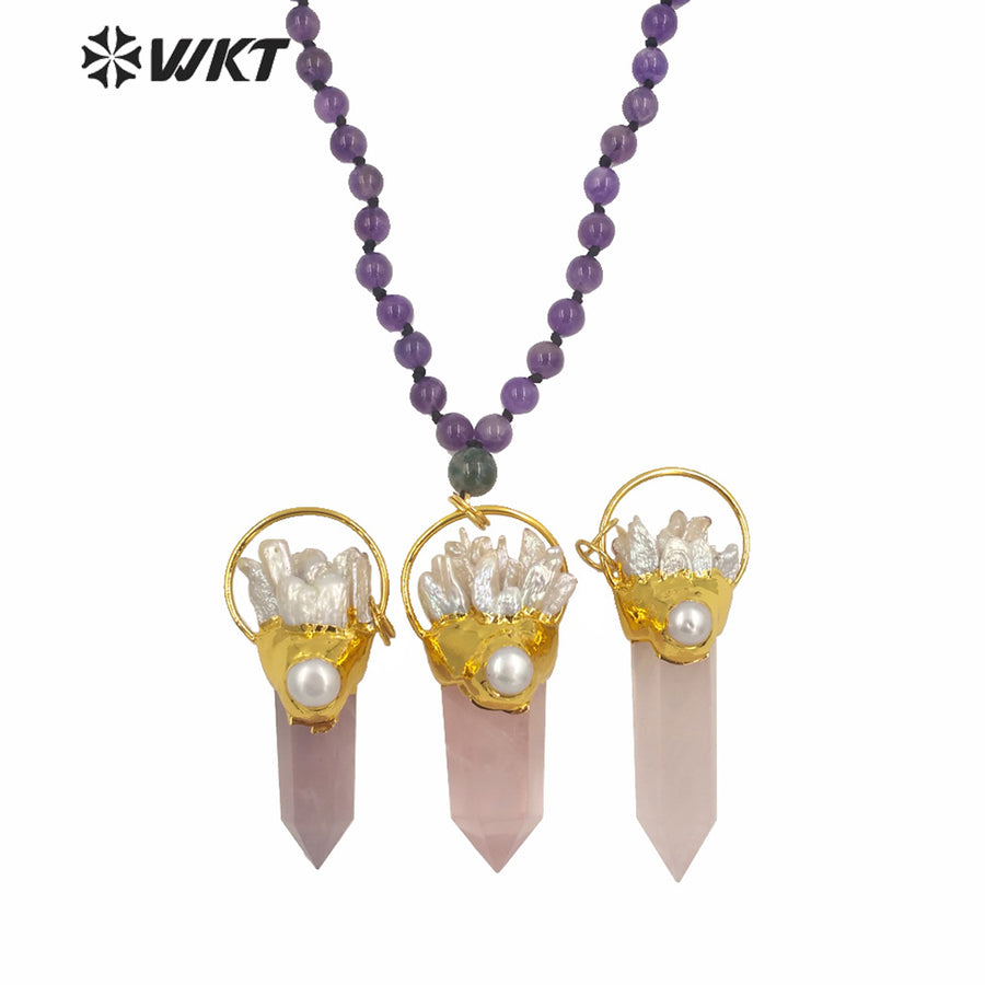 WT-N1243 Exclusive Design 8mm Round Amethyst Stone Necklace Women Winter Hot Pink Quartz Stone Big Chunky Pendant Necklace