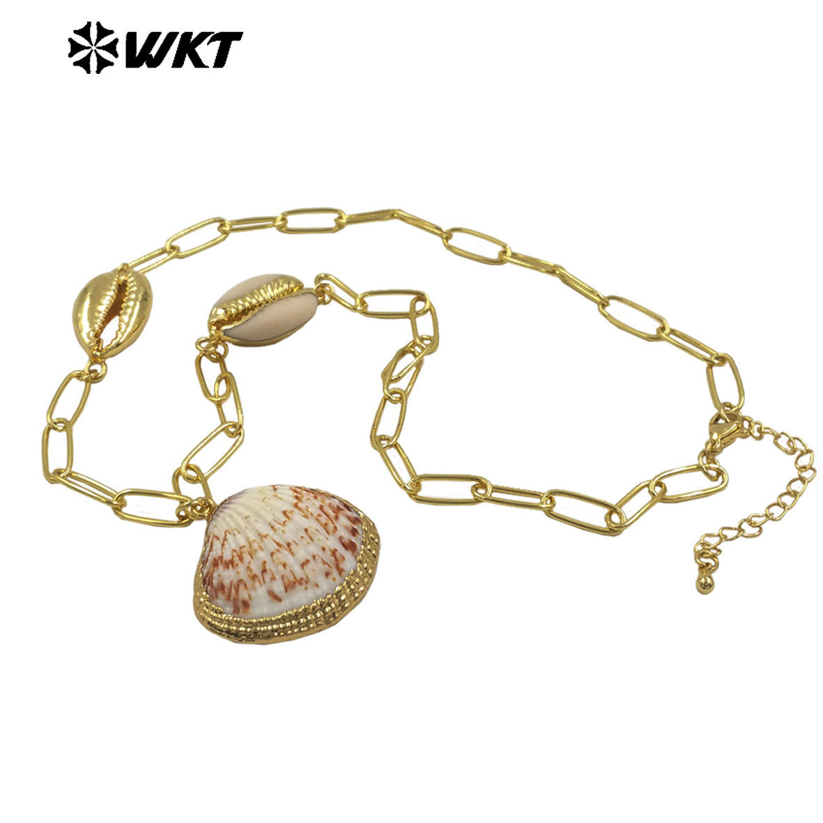 WT-JN318 Wonderful Design Natural Trumpet Shell Necklace One Big and Two Small Charms With Gold Plated Chain Women Jewelry