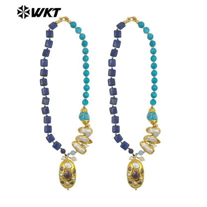 WT-JN359 Wonderful Trendy Natural Gemstones And Pearls Splicing With Gold Plated Big Pendant Necklace For Women Unique Jewelry
