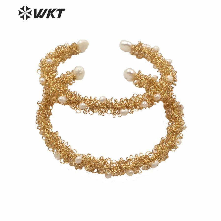 WT-MPB015 Charming Gorgeous Tiny Pearl Cluster Women Gold Bangle Fashion Adjustable Cuff Pearl Bangle Birthday Gift Bangle