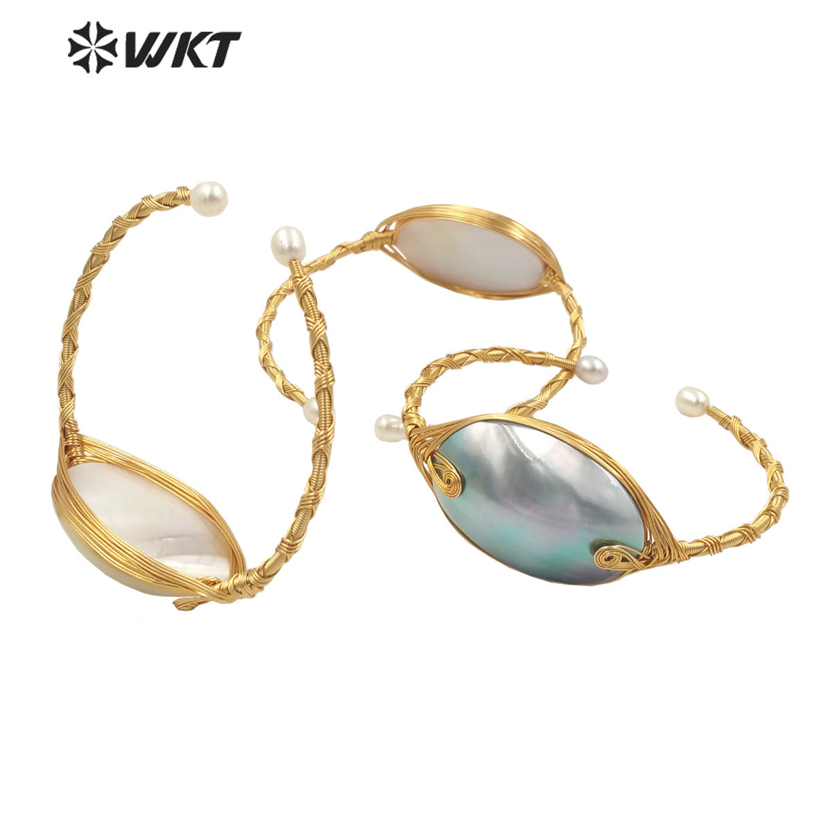 WT-MPB049 Statement Fashion Coil Yellow Brass Delicate Bangle Mother of Pearl Women Pendant Bangle