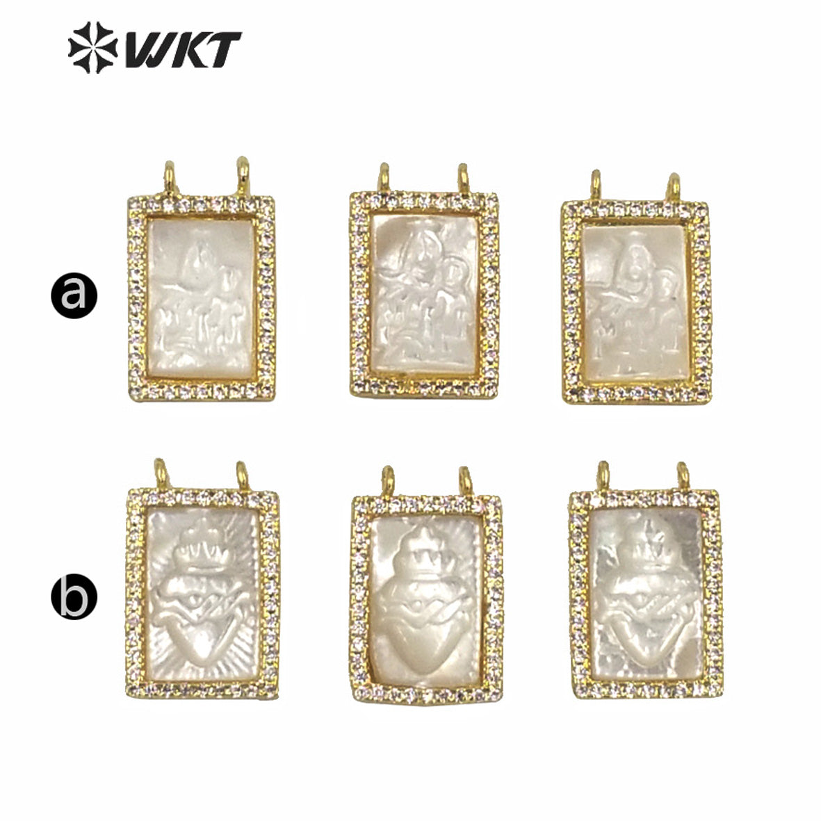 WT-MP181 Wholesale Unique Double Loops Micro Pave Bezel Seting Natural Christian Religious MOP Heart Pendant 11x16mm