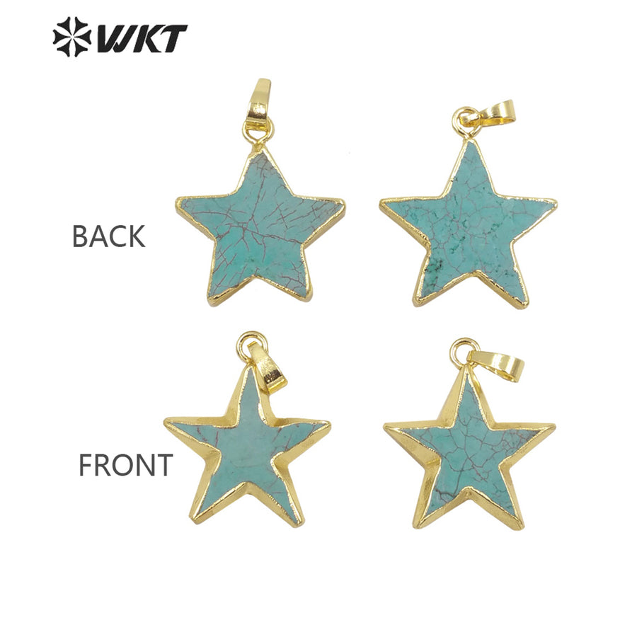 WT-P1718 Newest Fashion Popular Gold Trim Natural Turquoise Star Pendant Healing Series Hand Carved Stone Star Jewelry