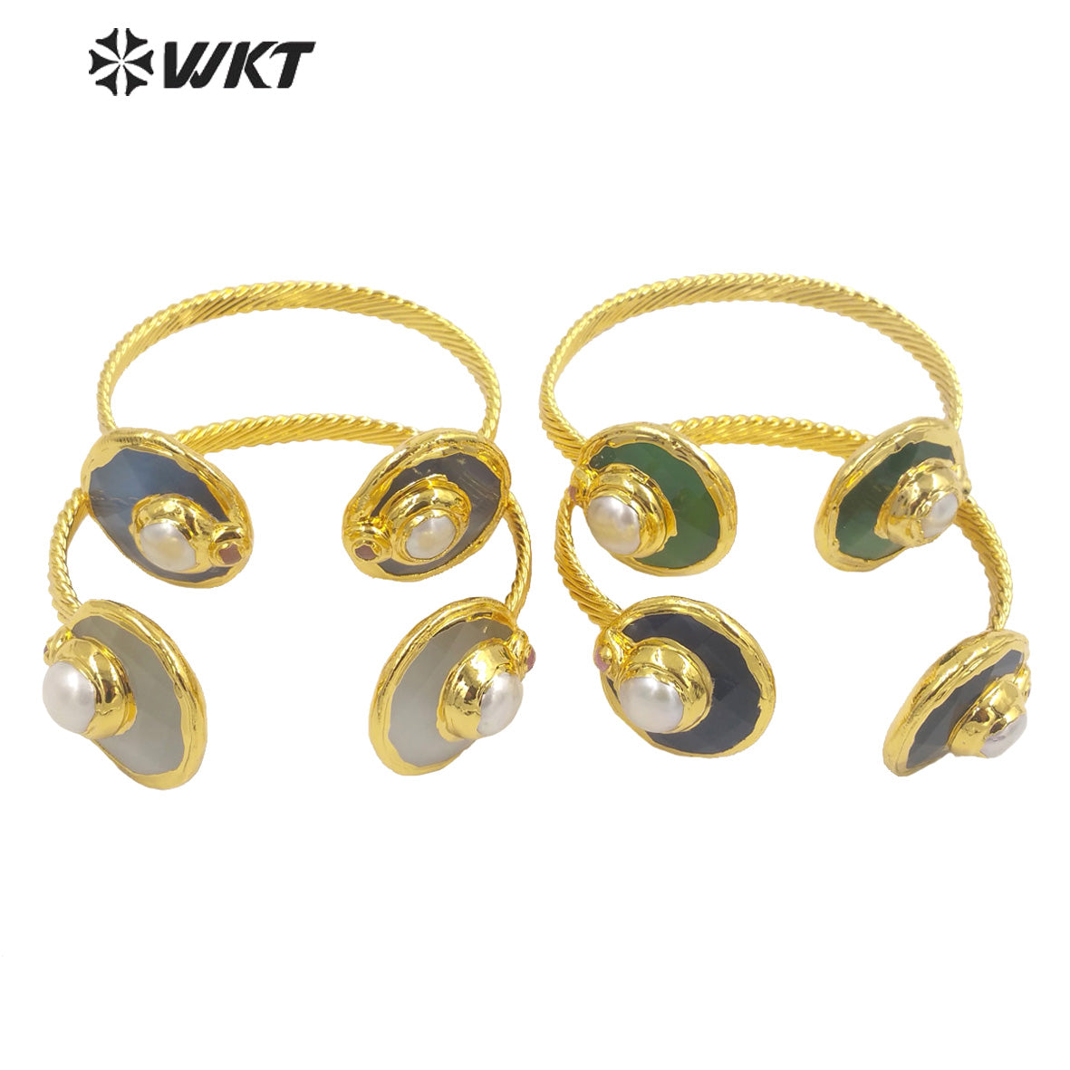 WT-B616 Wholesale Fashion Double Cat Eye Stone Bangle 18k Real Gold Plated Resist Tarnishable Pearl Charm Bangle
