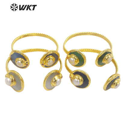 WT-B616 Wholesale Fashion Double Cat Eye Stone Bangle 18k Real Gold Plated Resist Tarnishable Pearl Charm Bangle