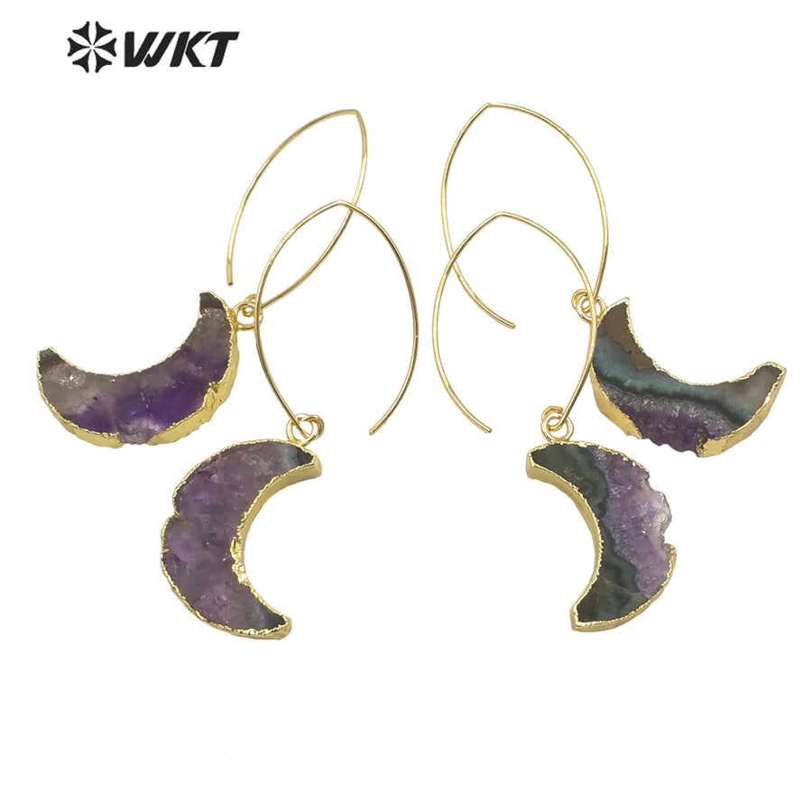 WT-E666 Crescent Shape Natural Stone Amethyst Earrings Women Jewelry 18k Gold Plated Earrings Stone Earring