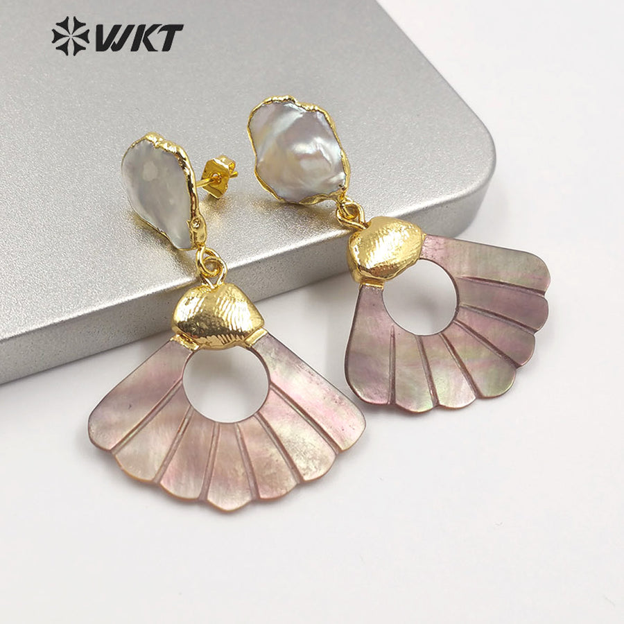 WT-E596 Charming Sector Shape Shell Pearl Earrings Fashion Lady Natural Shell Fan Shape Swing Earrings With Pearl