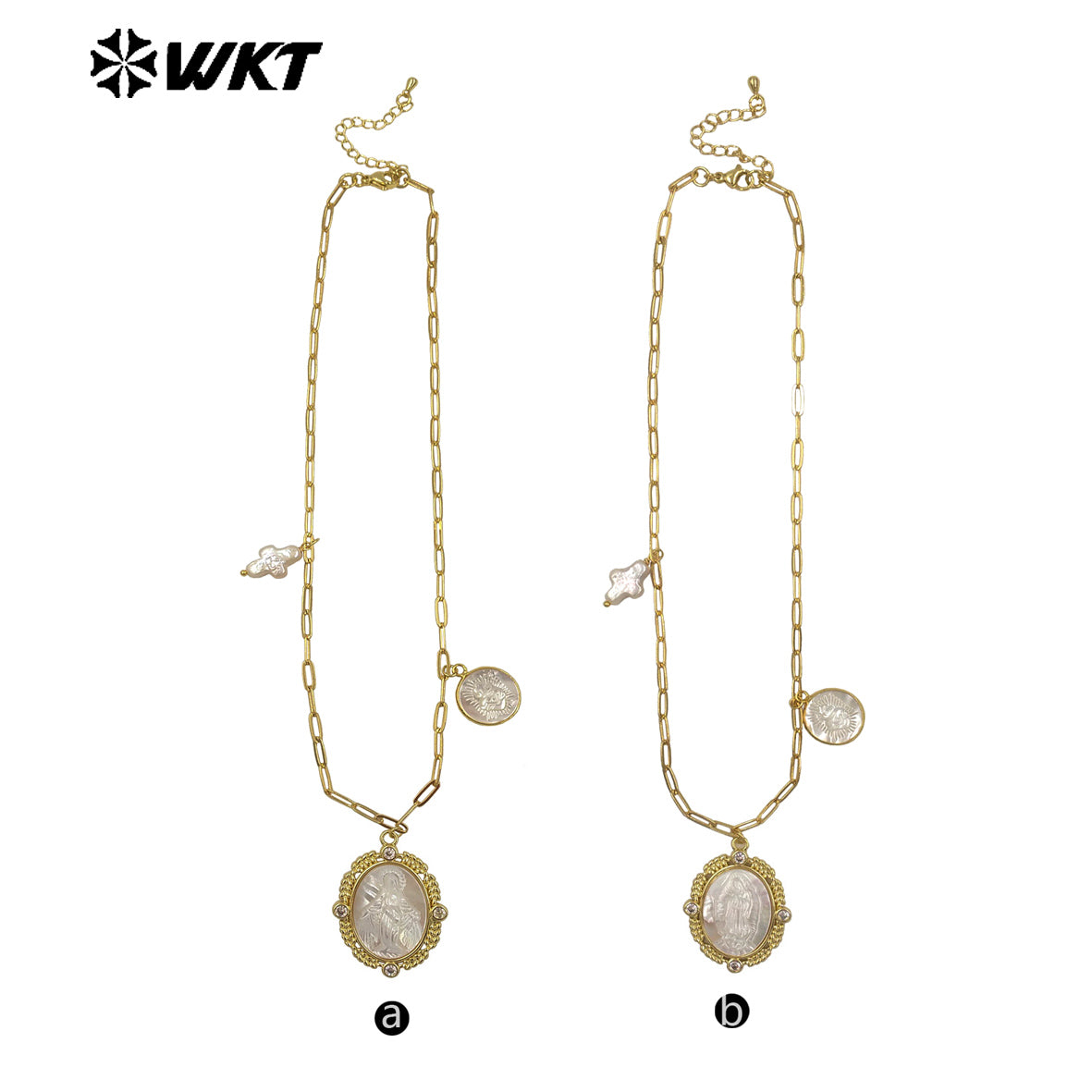 WT-JN322 Wholesale 18K Gold Electroplated Pearl Shell Pendant Necklace Hand Carved Virgin Mary Pattern Vintage Women Jewelry