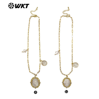 WT-JN322 Wholesale 18K Gold Electroplated Pearl Shell Pendant Necklace Hand Carved Virgin Mary Pattern Vintage Women Jewelry