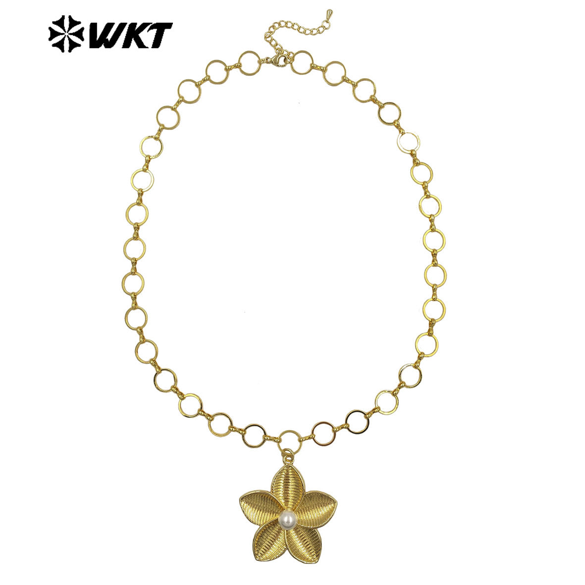 WT-N1514 Lovely Gold Plated Round Metal Chain With Brass And Artificial Pearl Flowers Pendant Necklace As Girl Fashion Jewelry