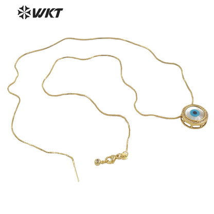 WT-MN970 Fashion 18k Real Gold Plated Micro Pave Cubic Zircon Natural Round Shell Eye Pendants Necklace Charming Eye Necklace
