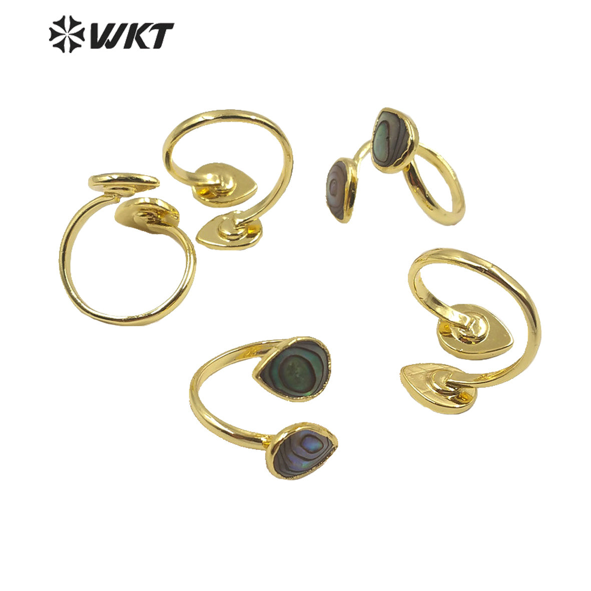 WT-MPR002 Women Adjustable Size Double Drop Green Abalone Shell Rings Gold Electroplated Summer Style Tea Drop Shell Rings