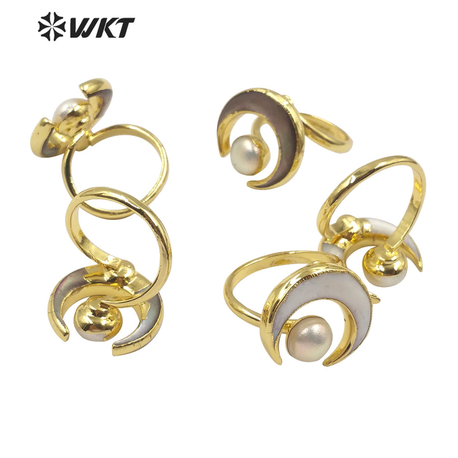 WT-R344 Unique Special Design Bohemian Crescent Shell Pearl Ring in 18k Gold Plated Women Fashion Pearl Ring