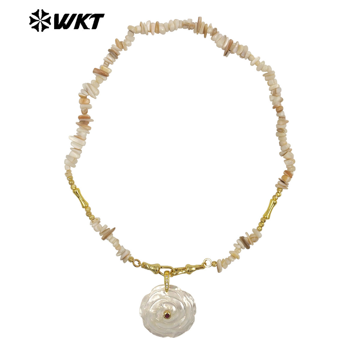 WT-JN380 Wonderful Crushed Stone Splicing Metal Chain With Natural Shell Zircon Flower Pendant Necklace For Fashion Matching