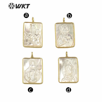 WT-JP234 Amazing Fashion Gold Bezel Single Loop Mother of God Pendant Hot Sales Shinning Mop Shell Virgin Mary Pendant