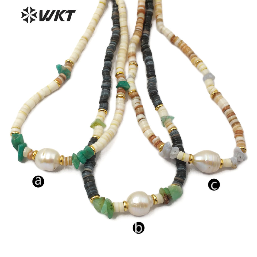WT-JN101 Wholesale Natural Shell Beads Choker Necklace in 16" Inch Long With Pearl Women Stylish Jewelry Natural Shell Necklace