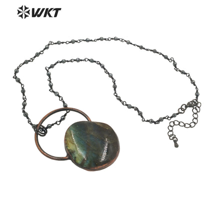 WT-N1334 WKT Vintage Shiny Antique Copper Water Drop Shape Natural Stone Labradorite with Copper Big Ring Jewelry Necklace