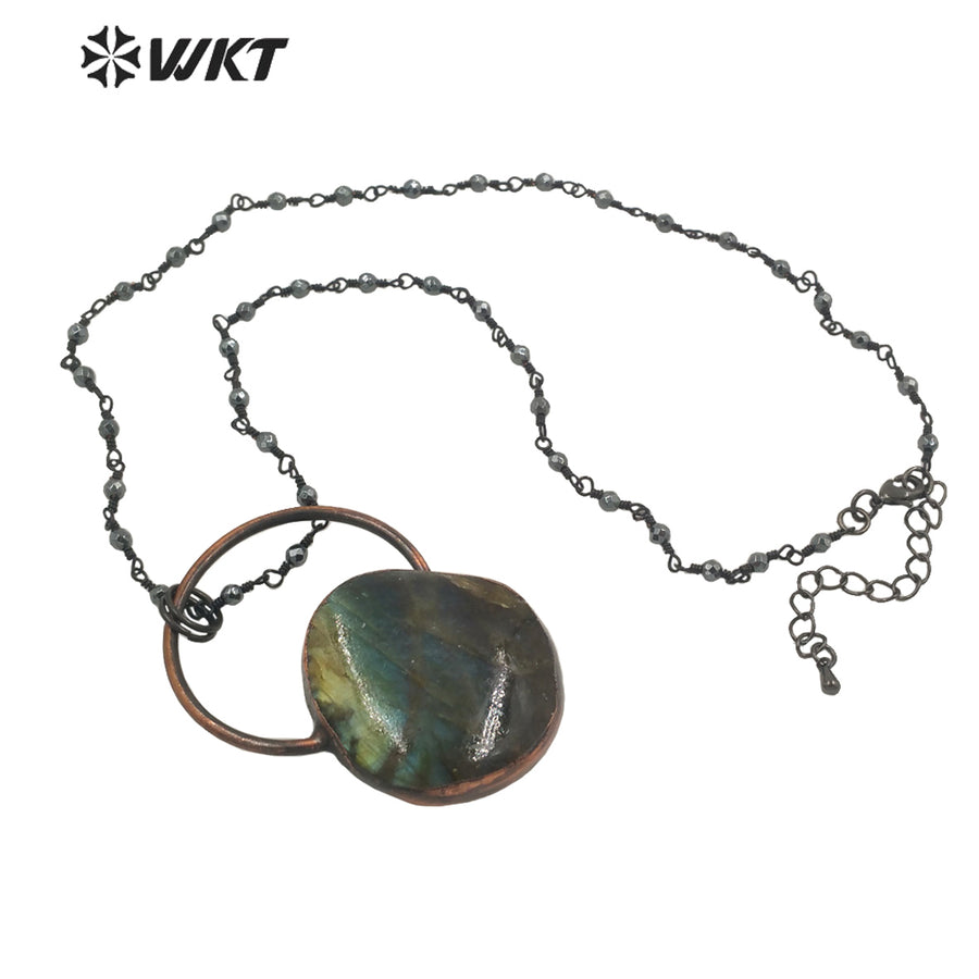WT-N1334 WKT Vintage Shiny Antique Copper Water Drop Shape Natural Stone Labradorite with Copper Big Ring Jewelry Necklace