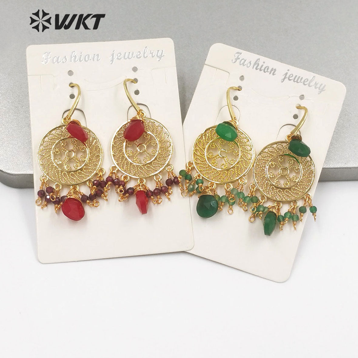 WT-E695 Bohemia Fashion Gold Gypsy Earrings with Natural Gemstone Made Dangle Earrings Handmade DIY Stone Hoop Earrings