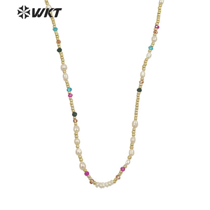 WT-JN222 INS HOT Trendy Colorful Tiny Stone Beads Necklace 16inch Elegant Lady Pearl Gold Beads Choker Necklace for Gift