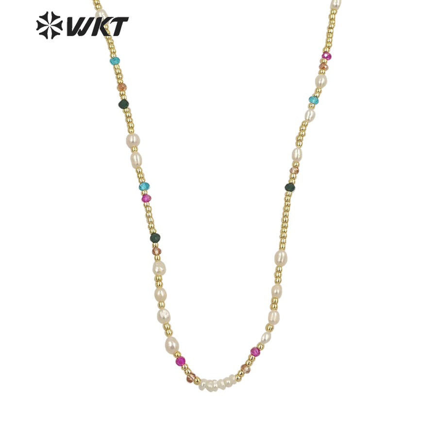 WT-JN222 INS HOT Trendy Colorful Tiny Stone Beads Necklace 16inch Elegant Lady Pearl Gold Beads Choker Necklace for Gift