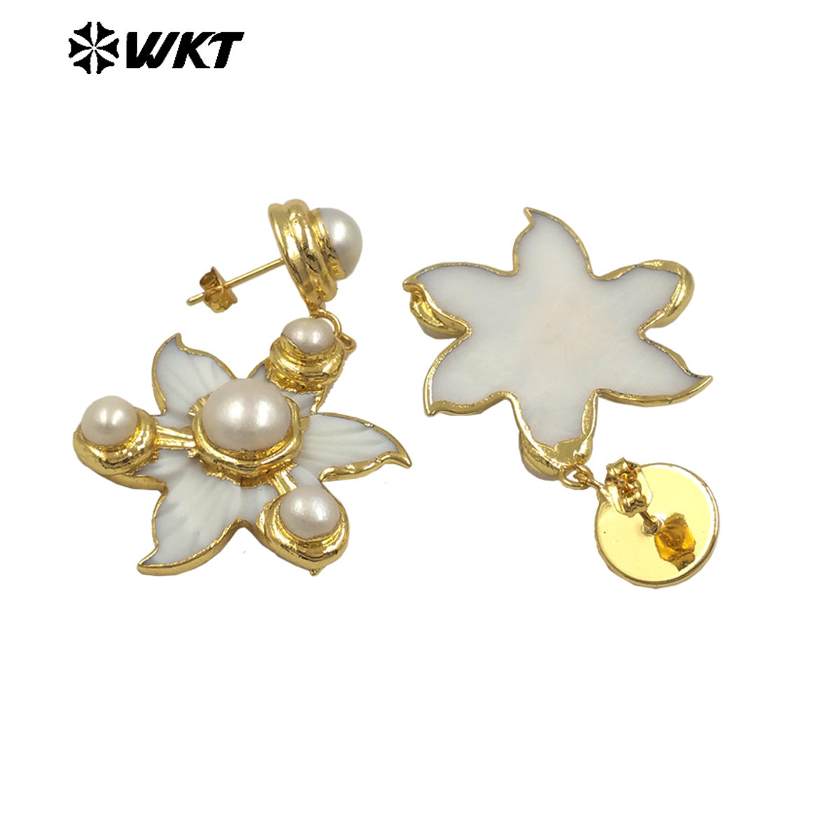 WT-MPE146 Popular Natural Round Pearl Handmade Carved Shell Flower Shape Earrings Elegant Style for Ladies Jewelry Gift